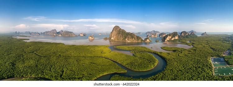 Panoramic aerial view of the Phang Nga bay with mangrove tree forest and hills in the Andaman sea, Thailand