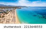 Panoramic aerial view of the popular Agios Prokopios beach at Naxos island, Cyclades, Greece