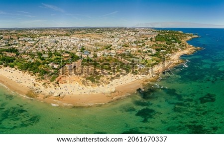 Panoramic aerial view of Praia Da Gale, Gale beach, near Albufeira and Armacao De Pera, Algarve, Portugal