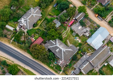 panoramic aerial view of private development with country houses or village