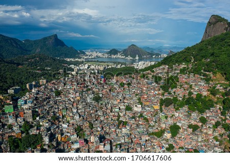 Panoramic, aerial view of Rocinha favela spread out on the mountain in Rio de Janeiro Brazil