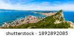Panoramic aerial view of the rock of Gibraltar, roof tops and the port of Gibraltar, Iberian peninsula, UK