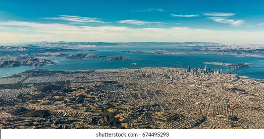 Panoramic Aerial View Of San Francisco Wide Area With Bay And Bridges