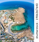 Panoramic aerial view of Sandy Bay beach in Cyprus