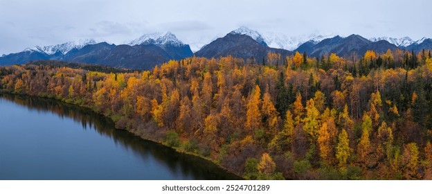 Panoramic aerial view of scenic long lake with colorful fall foliage in Alaska. - Powered by Shutterstock