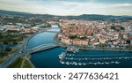 Panoramic aerial view of Spanish Galician city PONTEVEDRA. View of old town center with historic buildings. Cathedral of Pontevedra. River Lerez crossing the city. Famous travel destination.