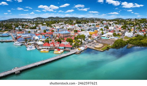 Panoramic aerial view of St. Johns, capital city of Antigua and Barbuda island, Caribbean Sea, with Redcliffe and Heritage Quay