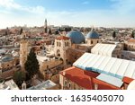 Panoramic aerial view of the Temple of the Holy Sepulcher in the old city of Jerusalem, Christian quarter, Israel