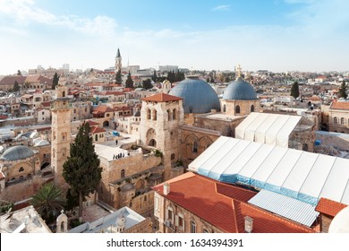 Panoramic aerial view of the Temple of the Holy Sepulcher in the old city of Jerusalem, Christian quarter, Israel - Shutterstock ID 1634394391