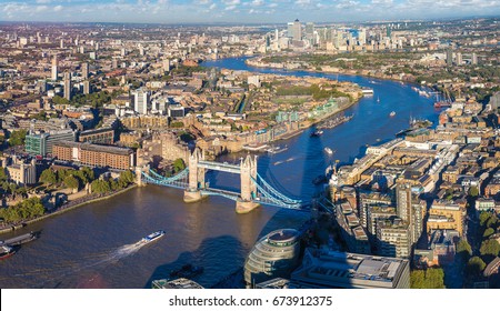 Panoramic Aerial View Of Tower Bridge In London In A Beautiful Summer Night, England, United Kingdom