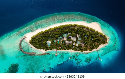 Panoramic aerial view of tropical island morning, baa atoll, maldives