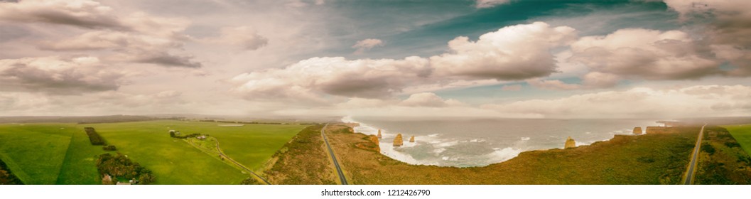 Panoramic aerial view of Twelve Apostles coastline with beautiful sunset, Victoria, Australia. - Powered by Shutterstock