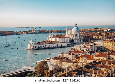 Panoramic aerial view of Venice from San Marco Campanile. Grand canal, Basilica Santa Maria della Salute. Italy