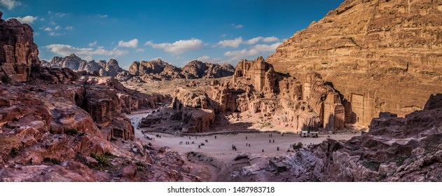 Panoramic aerial view from the way to High Sacrifice over Petra, one of the new Seven Wonders of the world Jordan