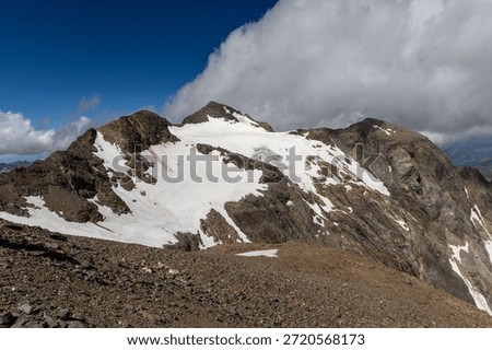 Panoramic alpine viewpoint from Pic Blanc at 3300 meters near Alpe d’Huez in the Grandes Rousses massif, French Alps