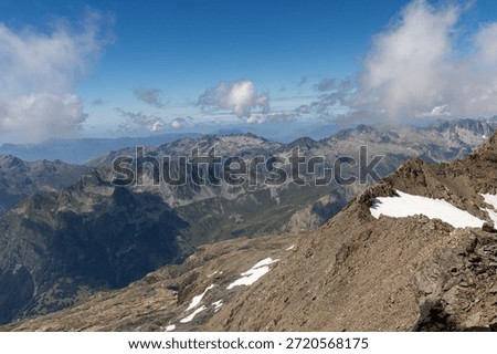 Panoramic alpine viewpoint from Pic Blanc at 3300 meters near Alpe d’Huez in the Grandes Rousses massif, French Alps