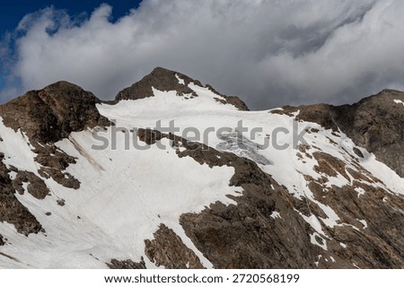 Panoramic alpine viewpoint from Pic Blanc at 3300 meters near Alpe d’Huez in the Grandes Rousses massif, French Alps