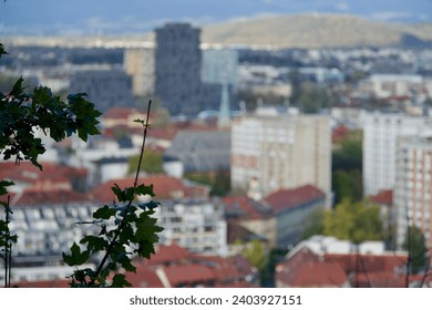 Panoramic arial view of Ljubljana skyline. Blurred background of Slovenia. Famous medieval square. City centre. Turist destination. Travel. European tourism. Landmark. Old historical town. Attraction.
