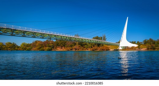 Panoramic Autumn Landscape At Sacramento River And Wildlife Animal Sanctuary With The View Of Sundial Bridge In Redding, Northern California