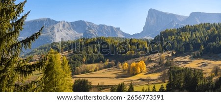 Panoramic autumn view of the Devoluy Massif with Pic de Bure, colorful forest, and mountain scenery. Hautes-Alpes, French Alps, France