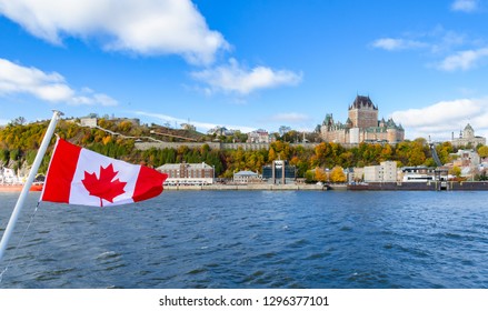 Panoramic autumn view of Old Quebec City waterfront and Upper Town from Saint-Lawrence River in Quebec, Canada