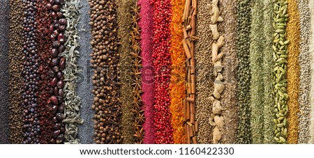 Panoramic background, spices and herbs for design packaging with food or websites headers.  Bright seasonings scattered on table in form rainbow.