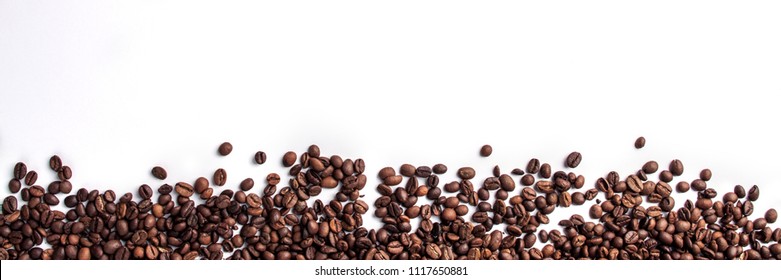 Panoramic Background With Spilled Coffee Beans With White Mockup On Top