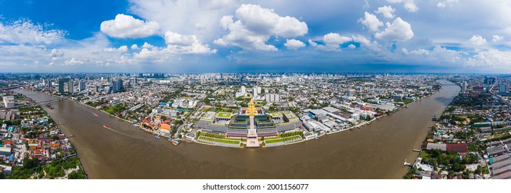 Panoramic Bangkok Skyline With New Thai Parliament, Sappaya Sapasathan (The Parliament Of Thailand), Aerial View National Assembly With A Golden Pagoda On The Chao Phraya River In Bangkok.