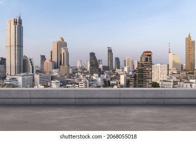Panoramic Bangkok skyline view, concrete observatory deck on rooftop, daytime. Luxury Asian corporate and residential lifestyle. Financial city downtown, real estate. Product display mockup empty roof - Shutterstock ID 2068055018
