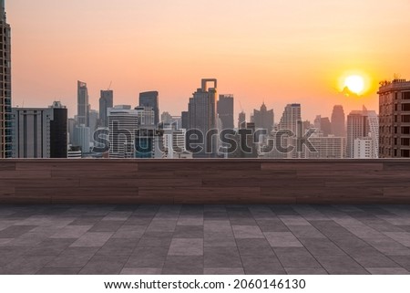Panoramic Bangkok skyline view, concrete observatory deck on rooftop, sunset. Luxury Asian corporate and residential lifestyle. Financial city downtown, real estate. Product display mockup empty roof