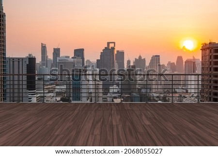 Panoramic Bangkok skyline view, wooden observatory deck on rooftop, sunset. Luxury Asian corporate and residential lifestyle. Financial city downtown, real estate. Product display mockup empty roof