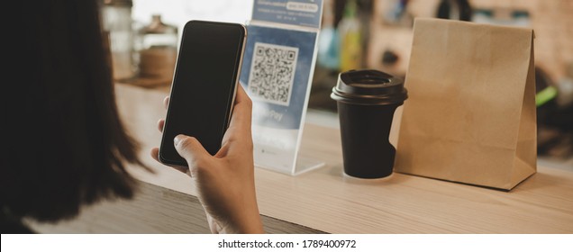 Panoramic Banner. Customer Using Digital Mobile Phone Scan QR Code Pay For Buying Coffee In Cafe Coffee Shop, Restaurant, Digital Payment, Online Shopping, Takeaway Food, Internet Technology Concept