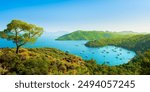 panoramic beach view on Mediterranean coast of Turkey. Mediterranean beach during summer vacation. holiday island in the Aegean Sea. Nature view for summer vacation. Marmaris, Turkey.