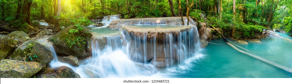 Panoramic beautiful deep forest waterfall in Thailand - Powered by Shutterstock