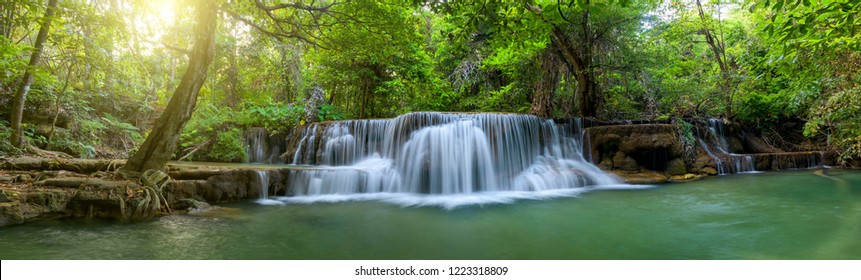 Panoramic beautiful deep forest waterfall - Shutterstock ID 1223318809