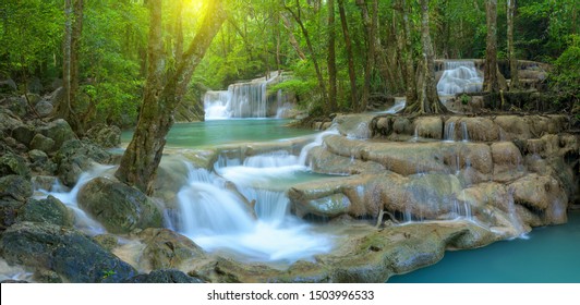 Panoramic beautiful deep forest waterfall in Thailand - Shutterstock ID 1503996533
