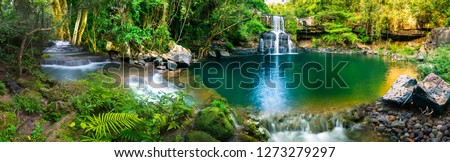 Panoramic beautiful jungle with pretty waterfall and lake 