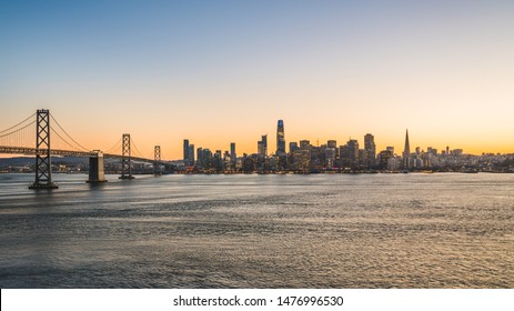 Panoramic Beautiful Scenic View Of The Oakland Bay Bridge And The SF City At Dusk, San Francisco, California, USA