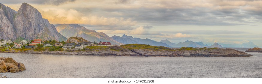 Panoramic Beautiful View Of Lofoten Mountain Near Reine. Lofoten Islands. Norway. Europe.