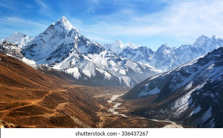 Panoramic beautiful view of mount Ama Dablam with beautiful sky on the way to Everest base camp, Khumbu valley, Sagarmatha national park, Everest area, Nepal - Powered by Shutterstock