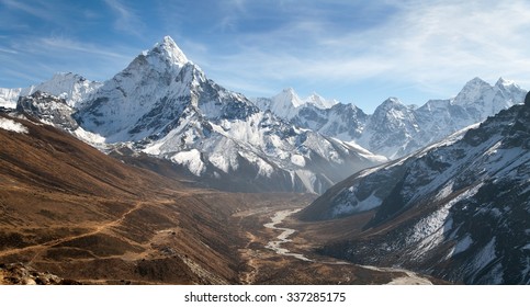 Panoramic beautiful view of mount Ama Dablam with beautiful sky on the way to Everest base camp, Khumbu valley, Sagarmatha national park, Everest area, Nepal - Shutterstock ID 337285175