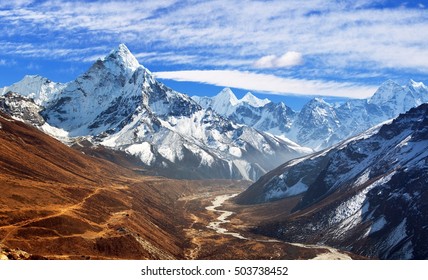 Panoramic beautiful view of mount Ama Dablam with beautiful sky on the way to Everest base camp, Khumbu valley, Sagarmatha national park, Everest area, Nepal - Shutterstock ID 503738452