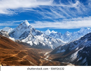 Panoramic beautiful view of mount Ama Dablam with beautiful sky on the way to Everest base camp, Khumbu valley, Sagarmatha national park, Everest area, Nepal - Shutterstock ID 506926132