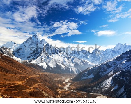 Panoramic beautiful view of mount Ama Dablam with beautiful sky on the way to mount Everest base camp, Khumbu valley, Sagarmatha national park, Everest area, Nepal