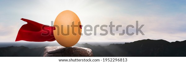 panoramic - brown chicken egg on the mountain with\
super hero cape