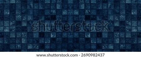 Panoramic ceramic tile wall banner template for abstract seamless dark blue tiles background and texture.