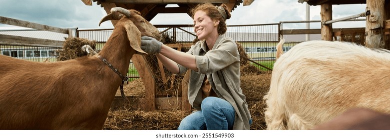 Panoramic of cheerful young woman feeding purebred goat and petting animal while sitting on squats in the yard of livestock farm - Powered by Shutterstock