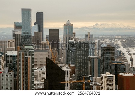 A panoramic city view features a mix of towering skyscrapers and surrounding snowy mountain peaks. The urban structures rise prominently against the muted tones of the overcast sky.