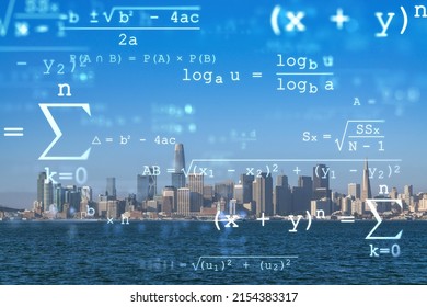 Panoramic city view of San Francisco skyline at sunrise from Treasure Island, California, United States. Technologies, education concept. Academic research, top ranking university, hologram