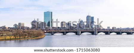 Panoramic Cityscape of Boston skyscraper skylines office buildings along Charles River at Boston City Commonwealth of Massachusetts in New England United States. Photographing from Cambridge Side.